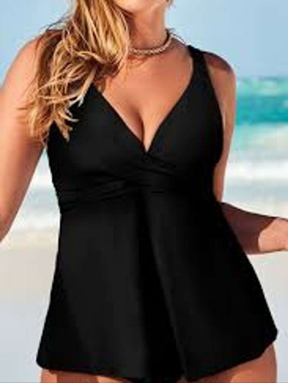 Suuksess Black Crossed V-Neck Halter Babydoll Tankini Top Size M, NEW